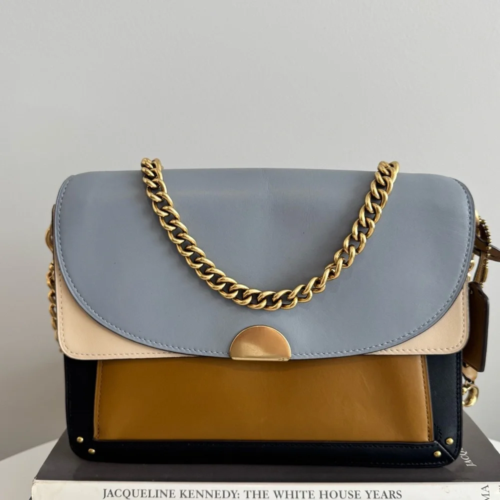 Coach Leather Charm Dreamer Flap Messenger Bag Navy Tan Beige Gold - Picture 1 of 13